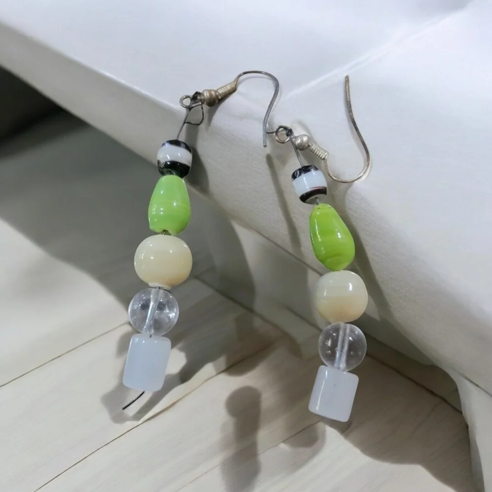 Green and cream bead earrings